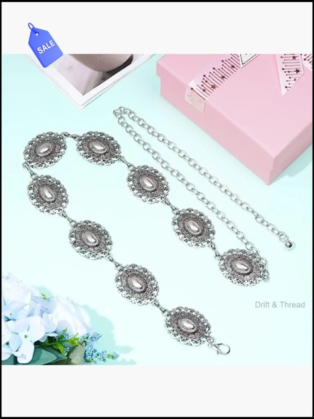 Vintage Oval Concho Chain Belt for Women - Metal Waist Chain for Dresses Jeans
